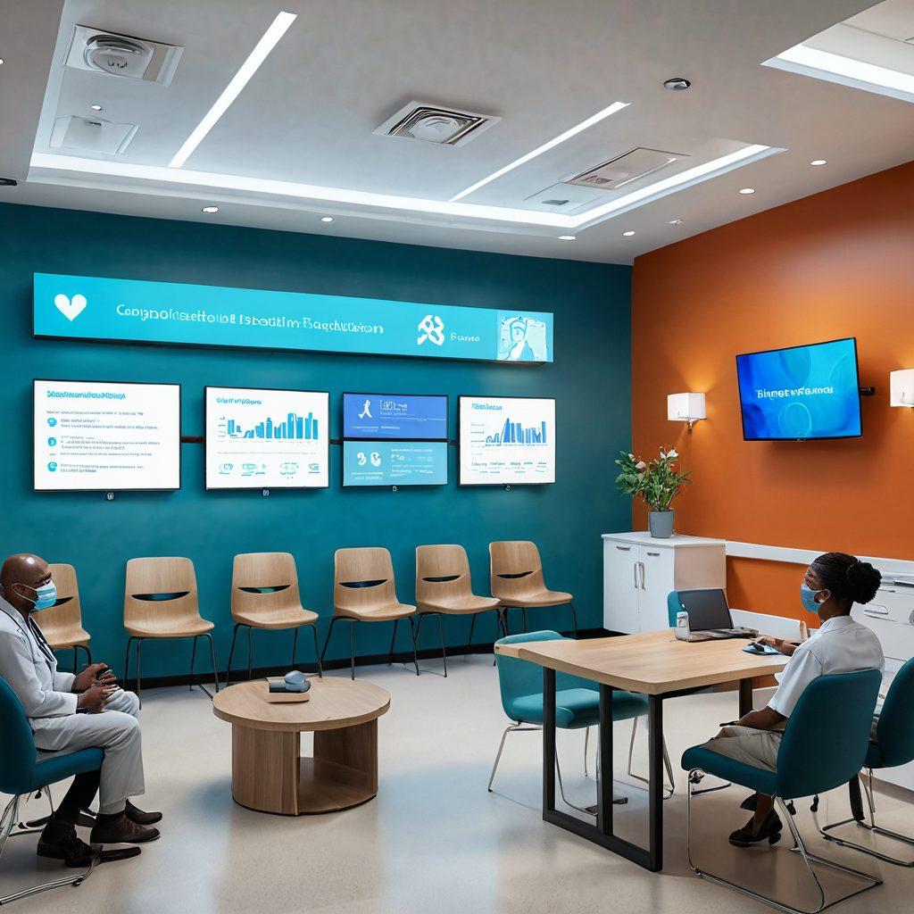 A caring healthcare professional interacting with a diverse group of patients in a modern clinic, showcasing advanced medical technology and patient-centered care. Lively colors represent the hope and innovation in health solutions. Include elements like telemedicine screens and wellness charts on walls. Emphasize warmth, compassion, and community in the setting. super-realistic. vibrant colors. 3D.