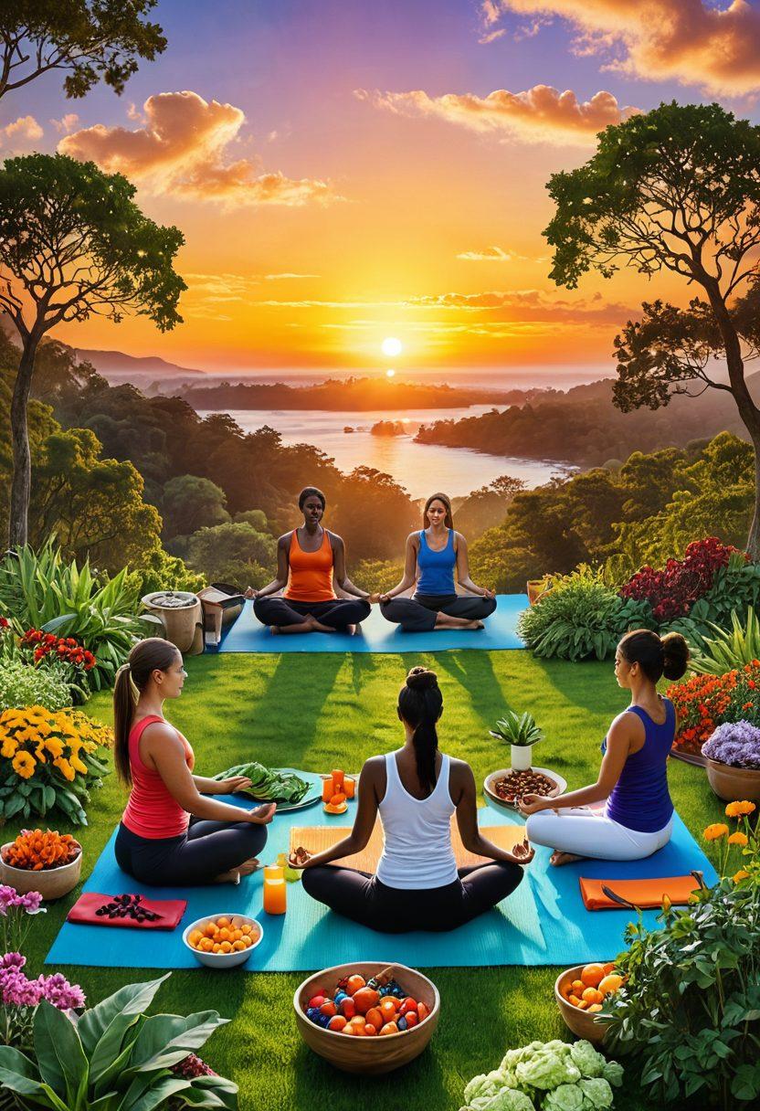 A bright and uplifting scene featuring diverse individuals engaging in various wellness activities such as yoga, meditation, and cooking healthy meals. The background showcases a serene nature setting with a vibrant sunrise, symbolizing new beginnings and empowerment. Incorporate elements like leafy greens, wellness props, and a subtle infographic overlay highlighting innovative health strategies. super-realistic. vibrant colors. peaceful scenery.